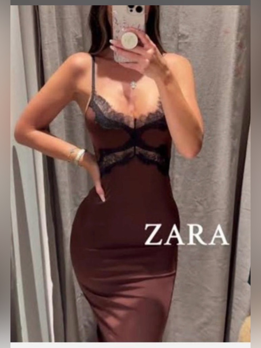 Zara Chocolate-Brown Slip Dress with Black Lace